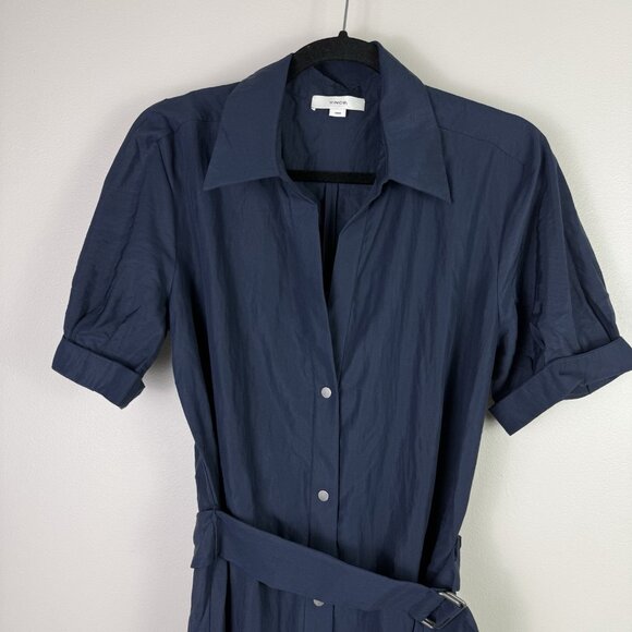 Vince Navy Belted Button Front Shirt Dress Women’s M Tencel Lyocell Midi Casual - Picture 4 of 10